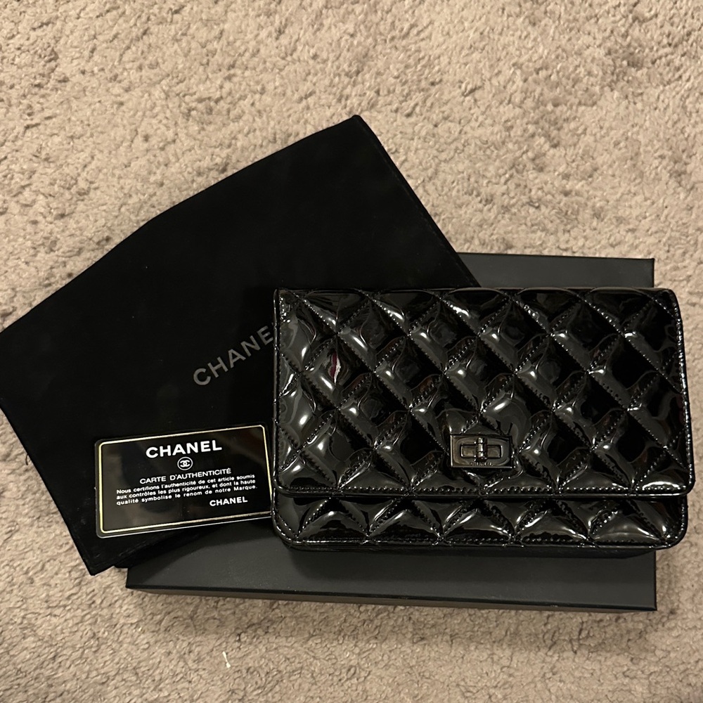 CHANEL 2.55 So Black Quilted Patent Leather Wallet on Chain